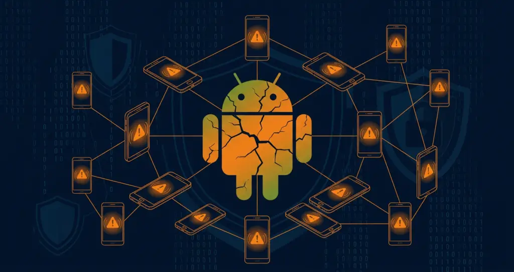 Logo Android fissuré entouré d'appareils mobiles avec alertes de sécurité orange