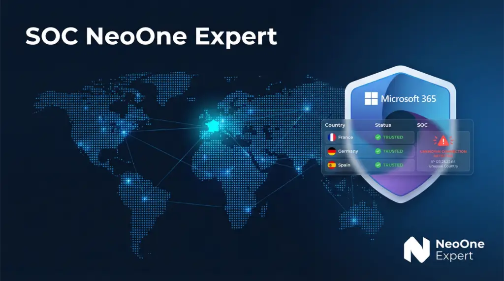 Carte du monde avec pays de confiance SOC NeoOne Expert et supervision Microsoft 365