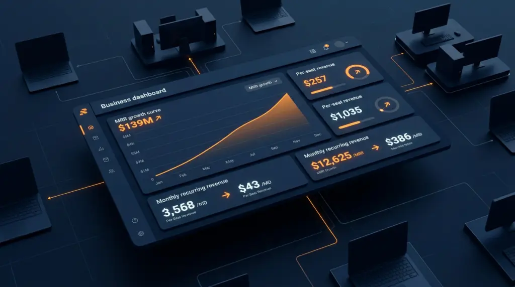 Dashboard business NeoOne affichant la courbe de croissance MRR, le revenu par poste et le revenu récurrent mensuel, entouré de postes supervisés