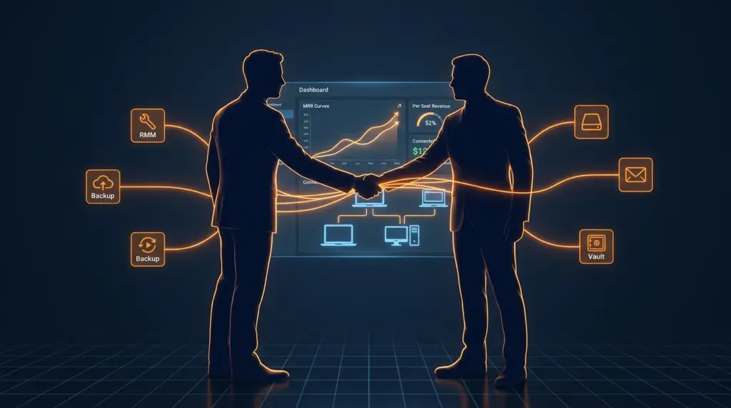 Marge MSP par poste : comment calculer ce qu'on gagne avec NeoOne Deux partenaires MSP se serrent la main devant un dashboard NeoOne affichant la courbe MRR et les modules RMM, Backup, Mail et Vault
