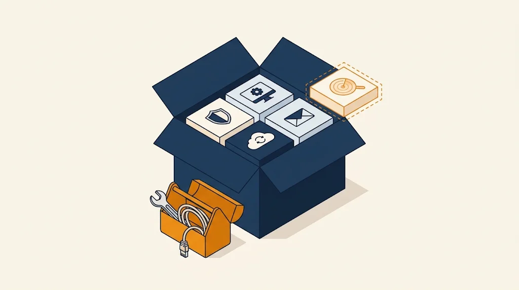 Boîte ouverte contenant quatre blocs de sécurité inclus dans NeoOne, un bloc en pointillés à côté pour l'option, et une caisse à outils au premier plan pour la part qui reste au partenaire